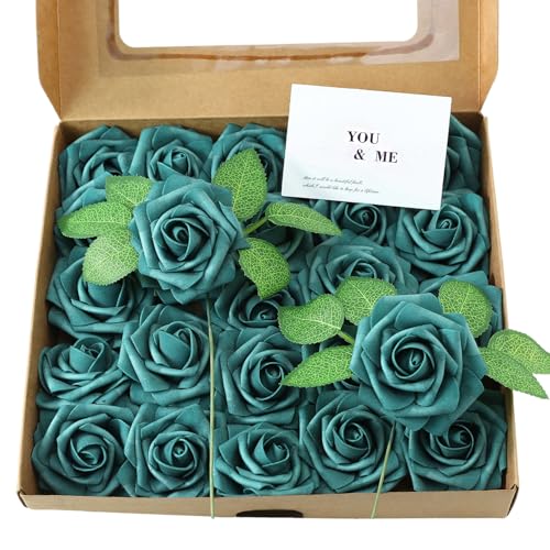 Artificial Flowers 25 Pack Peacock Green Faux Foam Roses with Stems, Real Looking Fake Rose for DIY Wedding Bouquets, Bridal Shower Centerpieces, Party Table Decorations, Home Decor - color: Peacock Green, size: 25Pcs