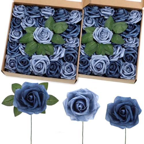 50 Pcs Artificial Foam Rose Flower Faux Bouquet Wedding Fake Rose Gift for Mother's Day Women DIY Bridal Shower Party Table Birthday Home Spring Decor (Dusty Blue Shades) - color: Dusty Blue