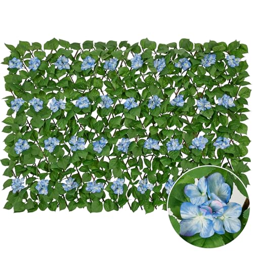Expandable Fence Privacy Screen with Artificial Flower, Faux Privacy Fence Panel Artificial Green Wall Balcony Garden Patio Privacy Screen, Single Sided Leaves (Blue Hydrangea, 1 Pack) - color: Blue Hydrangea, size: 1 Pack