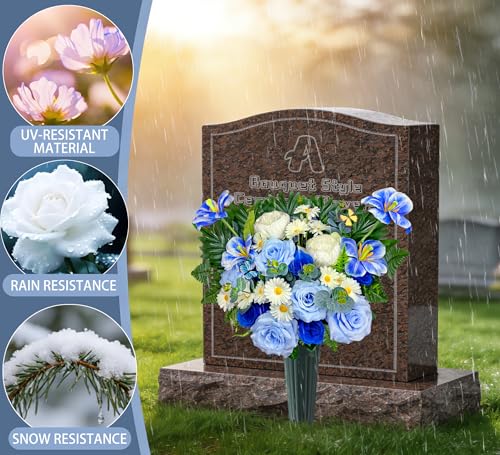 Artificial Cemetery Flowers,Memorial Flowers,Beautiful Arrangements for Headstones,Silk Tulip Rose Daisy
