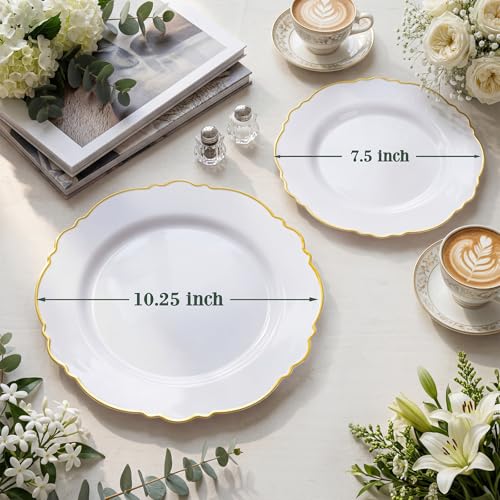 WDF 60pcs White and Gold Plastic Plates - Baroque White With Gold of 30 Heavy Duty Gold dinner plates 10.25inch, 30 Salad Plates 7.5inch Perfect for Wedding/Baby Shower/Spring - color: Gold, size: 60PCS