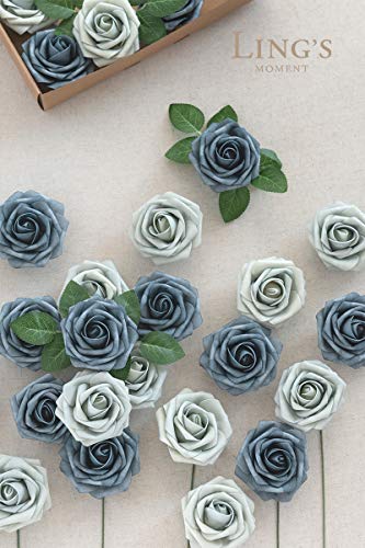 Ling's moment Artificial Roses, Dutch Blue & Dusty Blue, 3 Inch 50 Pcs | Foam Material, With Stems, DIY Floral, Wedding/Party Decor, Centerpieces/Bouquet - color: Blu- Dutch Blue & Dusty Blue, size: 50Pcs