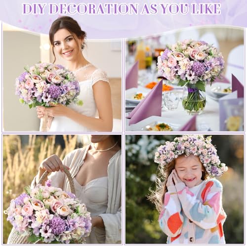 Tigeen Peonies Artificial Flowers Faux Roses Silk Flowers Hydrangea Artificial Bouquet for Wedding Table Centerpiece Floral Vase Home Office Bridal Decor(Purple,24 Bundles) - color: Purple