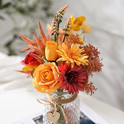 Artificial Flowers with Vase, Faux Silk Flowers Arrangement in Vase, Rustic Home Office Decorations, Farmhouse Dining Table Decor, Coffee Table Centerpiece, Fall Table Plant Decor - color: Autumn Red Yellow