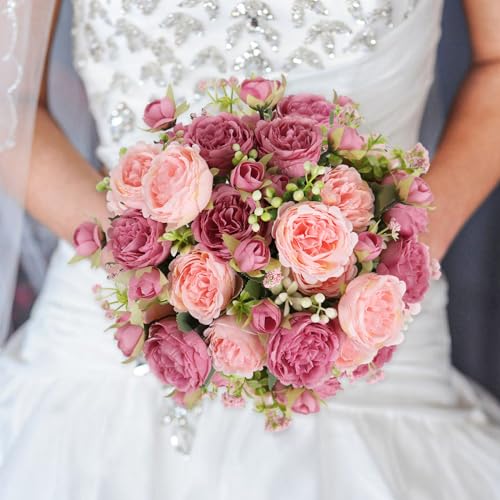 Artificial Peonies Silk Flowers, Pink Faux Peony Bouquet 2 Bundles Florals Arrangements Decor for Farmhouse Home Boho Wedding Table Centerpiece, Fake Plastic Flower Bulk for Vase Decoration (Mix Pink) - color: New Mix Pink, size: 2PCS