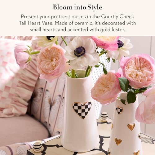 MACKENZIE-CHILDS Ceramic Heart Vase, Unique Decorative Vase, Tall, Black-and-White Courtly Check - size: Tall