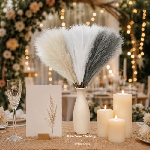 30Pcs Artificial Pampas Grass Decor - 21.7" Fluffy White Beige Grey Faux Flowers for Vase, No Shed Boho Room Decor, Wedding Table Centerpieces & Photography Props - size: White Grey Beige