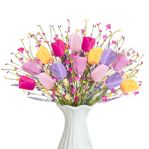 15 Pcs Artificial Tulips Wildflowers Spring Flower Stems, Fake Tulips Artificial Flowers Bouquets with Wildflowers, Colorful Spring Floral Picks for Easter Spring Floral Arrangements Vase Centerpieces - color: Flower Stems-15pcs