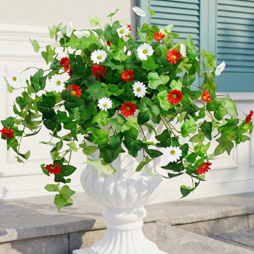 Krissing 3 Pcs Artificial Flowers for Outdoors UV Resistant, Fake Greenery Plants with Daisy Flowers for Planters Porch Window Box Home Decor (Red, White) - color: Red+white, size: 3