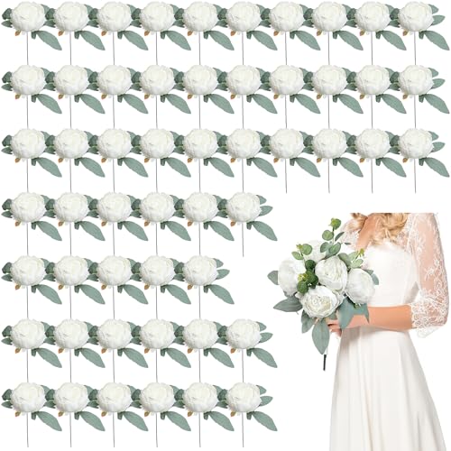 50Pcs Artificial Peonies Flowers Bulk, 4’’ White Peonies Fake Flowers Heads for Table, Faux Silk Peony Arrangements for Wedding, Valentine, Engagement, Party, Coffee, Dining Decorations - color: White