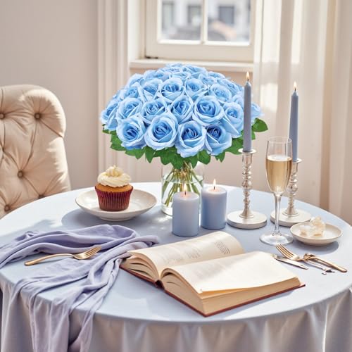 24 Pcs Sky Blue Rose Artificial Flowers with Long Stem Real Touch Silk Roses Bulk for Wedding, Party, Table Centerpieces Bouquet, Bridal, Home Decor - color: Sky Blue