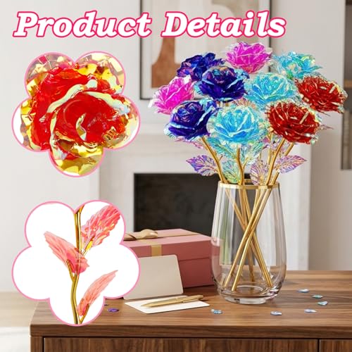 Wowagoga 12 Pcs 24K Galaxy Rose Artificial Flowers, 4 Colors Forever Rose Gifts for Women Girls Mom Wife Daughters Sister Mothers Day Valentine's Day Birthday Wedding Decoration