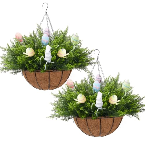 Artificial Easter Hanging Basket - 24 Cedar Branches, 12 Decorative Eggs & 2 Bunny - Easter Porch Decor for Patio, Home, Spring Outdoor/Indoor Hanging Planter 22-Inch 2PCS