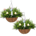 Artificial Easter Hanging Basket - 24 Cedar Branches, 12 Decorative Eggs & 2 Bunny - Easter Porch Decor for Patio, Home, Spring Outdoor/Indoor Hanging Planter 22-Inch 2PCS