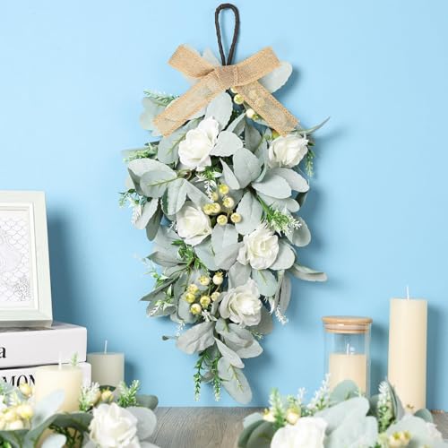 2 Pcs 24" Artificial White Rose Teardrop Wreaths Swag Spring Summer Flower Berries Swags Wreath White Floral Hanging Wreaths for Kitchen Cabinet Doors Window Wall Wedding Party Home Decor - color: Lamb Leaf Swags
