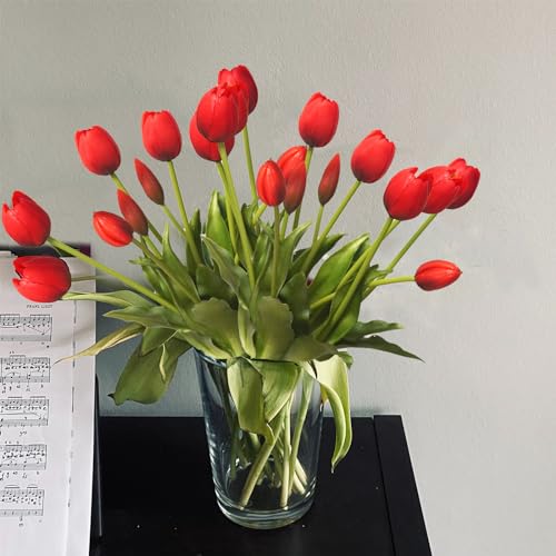 10 Pcs Fake Tulips Tulips Artificial Flowers Real Touch Fake Flowers Artificial Flower Bouquet for Home Table Party Wedding Decoration (Red) - color: Red