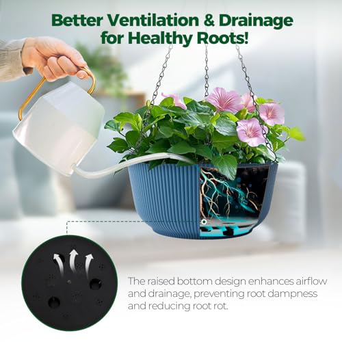 T4U 8 Inch Hanging Planters for Indoor Outdoor Plants, Self Watering Hanging Pot Pack of 2, Hanging Pots with Drainage Hole & Plug & Chain with 3 Hooks for Garden Home Decor, Blue - color: Blue, size: 8 inch