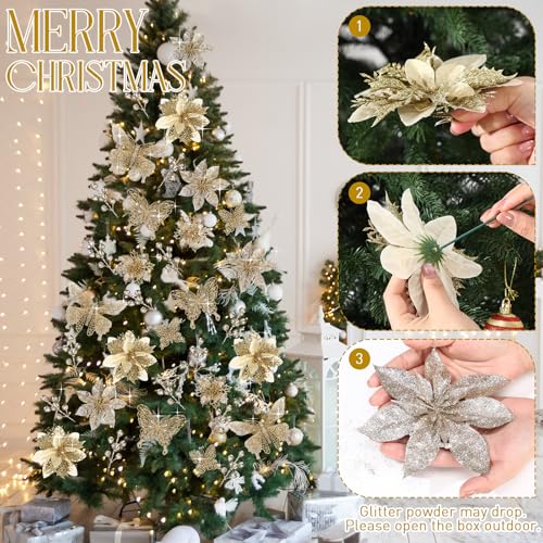 Thiccywoov 122 Pcs Christmas Glitter Poinsettia Artificial Flowers Berry Picks Butterfly Christmas Tree Ornaments 3 Styles Poinsettia kit with Clip for Xmas Wreath Home Tree Decor(Champagne) - color: Champagne