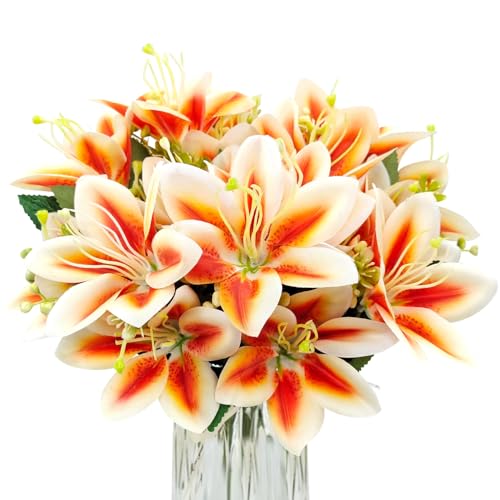 4 Bundles Artificial Tiger Lily Silk Flowers Faux Fake Lilies Plants for Wedding Bouquet Home Party Indoor Table Hotel Office Vases Floral Arrangements Outdoor Garden Decor (Orange) - color: Orange