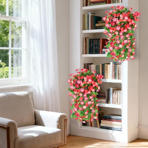 Artificial Fake Hanging Flowers for Outdoors, 2 Pcs Artificial Hanging Plants Outdoors Spring Summer Decor, UV Resistant Faux Violet Silk Flowers for Planters Front Door Yard Garden(Deep pink) - color: Deep Pink