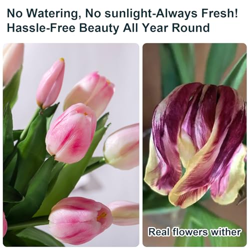 Bailikang 20PCS Fake Tulips Artificial Tulip Silk Flowers Fake PU Bouquet Artificial Flowers Faux Flowers with Gift Box Soft Faux Tulips Bouquets Arrangements for Party Wedding Home - color: Pink+light Pink