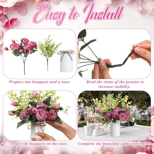 6 Sets Artificial Peonies Flowers, 6 Artificial Peony with Vase 6 Faux Eucalyptus, Faux Silk Peony Bouquet Spring Flowers for Decoration Wedding Party Home Dining (Purple) - color: Purple