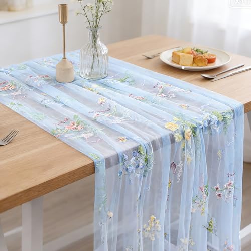 BINBE 12pcs Blue Florals Table Runner Embroidery Gauze 10FT Daisy Seasonal Tulle Birthday Wedding Holiday Kitchen Dining Table Decor for Home Party - color: Blue, size: 10ft x 12pack