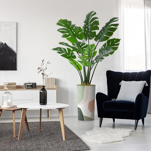 Artificial Tree in Multicolor Textured Geometric Shapes Illustrations Planter, Fake Monstera Silk Tree for Indoor and Outdoor Home Decoration - 65" Overall Tall (Plant Pot Plus Tree) - style: Monstera Plant