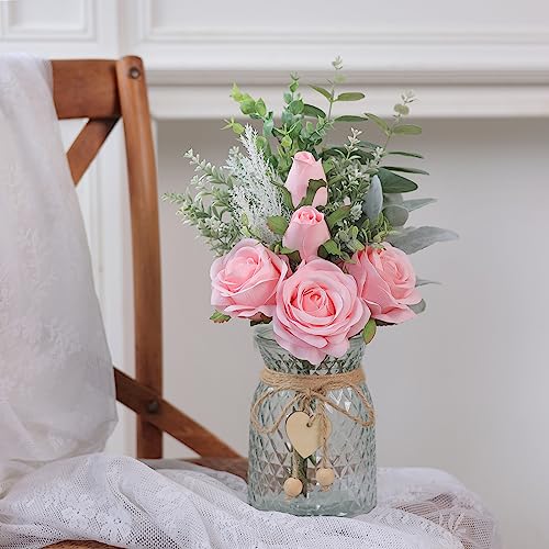 Faux Flowers with Vase,Artificial Silk Roses in Vase, Fake Plant Eucalyptus Flower Arrangement for Home Office Farmhouse Bathroom Dining Table Centerpiece Decorations Coffee Table Decor (Pink) - color: Pink