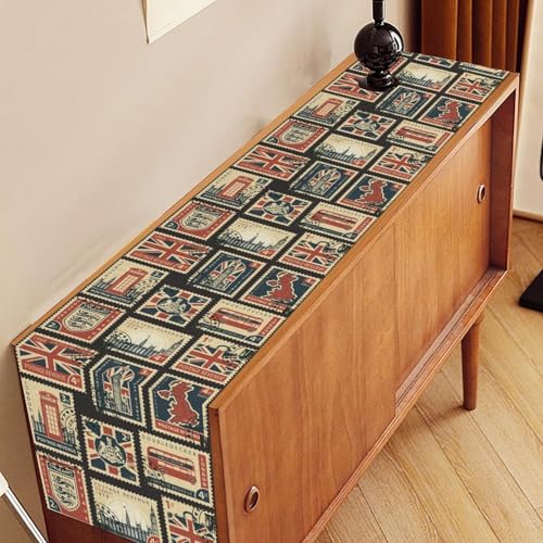 British Stamp Table Runner, Vintage England Buildings London Culture Element Retro Coffee Table Center Decor for Home Kitchen Dining Patio Holiday Party Table Decorations 13x36 inches - color: Tr-england05, size: 13x36" Table Runner