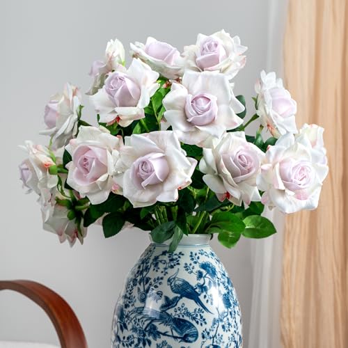 Artificial Flowers Spring Artificial Roses 23.2In Fake Roses Long Stem Artificial Flowers for Tall Vase Suitable for Wedding Party Decor Valentine's Day DIY Bouquet 20PCS White Purple Heart - color: White Purple