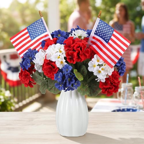 Tigeen 14 Pcs 4th of July Decor Red White Blue Artificial Flower Patriotic Decoration Artificial Geranium with 2 Flag 250th Anniversary Table Centerpieces for Memorial Veterans Independence Day Decor - style: Geranium