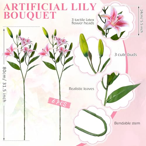 Dingion 6 Pcs 18 Heads Artificial Lily Flowers 31.5'' Mother's Day Lily Flowers Long Stem Fake Bouquet Latex Realistic 3 Big Flower Head 3 Bud for Tall Vase Home Table Wedding Decoration(Pink) - color: Pink