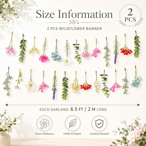 2 PCS 6.5ft Wildflower Banner Artificial Garland Hanging Floral for Garden Birthday Wedding Tea Party Bridal Shower Home Spring Supplies(Clear) - color: Clear