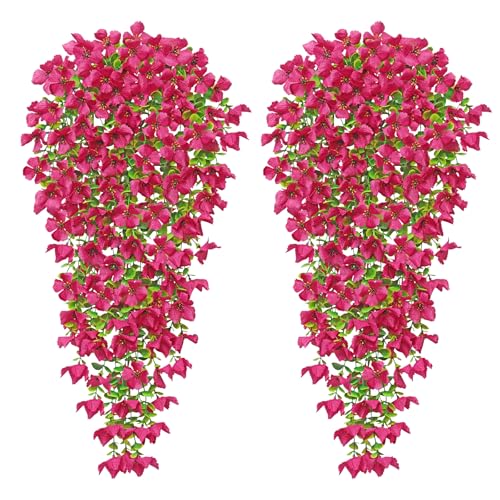 Betylifoy 2PCS Artificial Hanging Flowers Fake Hanging Plants for Outdoors Summer Decor UV Resistant Faux Silk Rose Red Violet Flowers Greenery Trailing Vines for Indoor Outside Garden Porch Decor - color: Rose Red