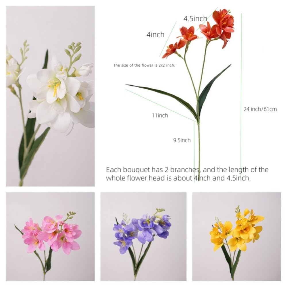 4pcs Freesias Flowers Artificial with Long Stem,24"Real Touch Dendrobium Plants Fake Orchid Leaves,Faux Larkspur Flowers for Outdoor Table Garden Party Wedding Bouquet Fillers,Patio Decor (White) - color: White