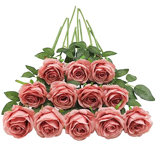 Tifuly Dusty Pink Roses Artificial Flowers -12 Pcs Long Stem Silk Roses, Realistic Fake Roses with Stems for Bridal Bouquets, Home and Office DIY Decor - color: Dusty Pink