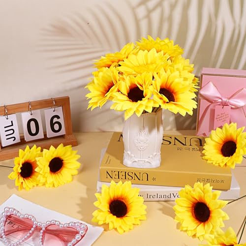 80 Pcs Large Sunflower Artificial Flowers Bulk, 4.1inch Sunflower Artificial Flower Heads Fake Sun-flower Heads with Stems Simulation Sun-flower for Wedding Decoration, Bouquets Parties (Yellow-80) - color: Yellow-80