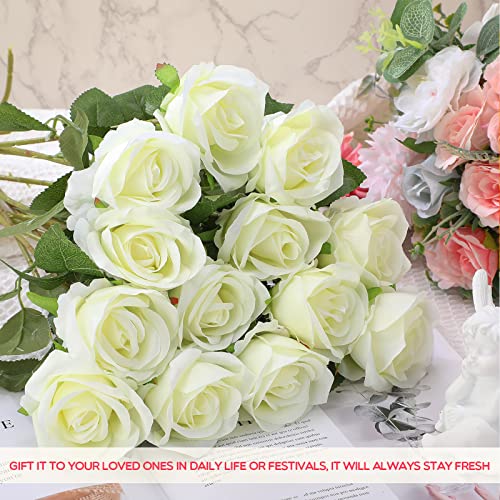 Jexine 50 Pcs Artificial Rose Flower Bulk Realistic Silk Fake Roses with Long Stem Plastic Artificial Flower Bouquet Real Looking for Home Wedding Centerpieces Party Decoration(White) - color: White