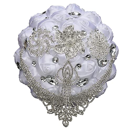 Big Size (8.26") Handmade Rhinestones White Bridal Wedding Bouquet Diamond Bridesmaids Satin Rose Flower with Ribbon for Wedding Time of Marriage (White) - color: White