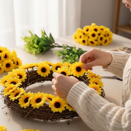 100Pcs Yellow Fashion Artificial Flower Heads Mini Fake Sunflower Decorative Fabric Flowers Craft Floral Embellishments for Wreaths Wedding Artificial Flowers