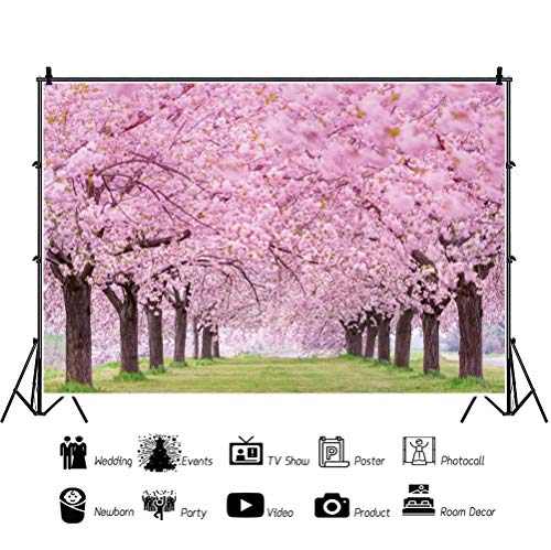Cherry Blossom Flowers Backdrop for Photography 5x3ft Spring Scenery Cherry Blossom Wedding Bridal Shower Background Girls Women Portrait Themed Party Decor Picnic Banner Studio Props Vinyl - size: 5x3ft