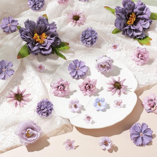 Thiccywoov 250 Pcs Artificial Flowers Heads Bulk Mini Silk Mix Flowers Fake Peony Daisy Rose Multicolor for Blossom Wreath Bouquets Wedding Home Decorations Party Craft Garland DIY(Purple) - color: Purple