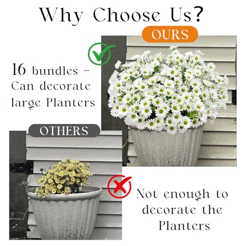 16 Bundles Silk Daisy Artificial Flowers for Outdoors UV Resistant Fake Daisies Plastic Plants Flower for Home Outside Front Door Porch Garden Patio Planters Decoration (White) - color: White
