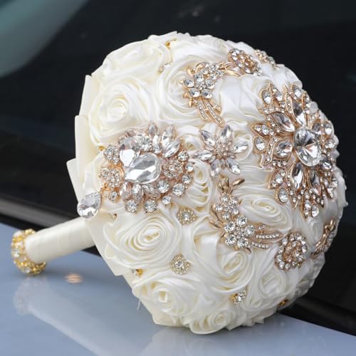 7.5in Ivory Handmade Wedding Bouquet with Luxury Gold Rhinestone Brooch Satin Rose Flower Bridal Bouquet for Bride Bridesmaid Quinceanera Wedding Bouquet Ivory - color: Ivory, size: Medium (DIA. 7.5"/19cm)