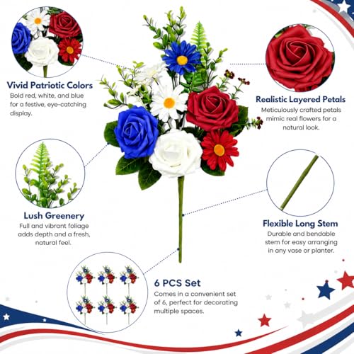 6 Pcs Artificial Patriotic Flowers 15.7 Inch Red White Blue Flowers Faux Bouquets Patriotic Branches for 4th of July Independence Day Memorial Grave Decorations USA Themed Table Centerpiece - color: Blue, White, Red