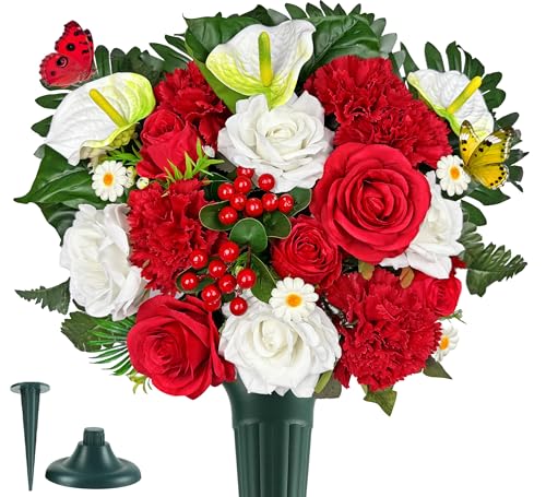 Artificial Cemetery Flowers for Grave,Memorial Flowers Bouquet with Vase for Headstones Decoration,Bright and Vibrant Red Rose Carnation - color: White