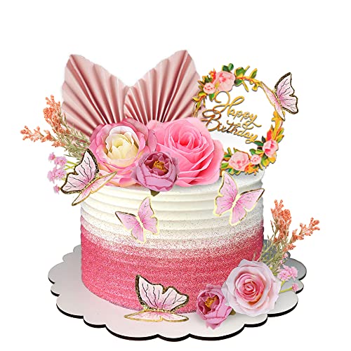 17 PCS Flower Cake Toppers Boho Cake Toppers Butterfly Cake Decorations with Light Artificial Roses Eucalyptus for Wedding Birthday Supplies (Light Pink) - style: Light Pink