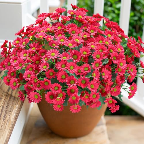 Daisy Artificial Flowers for Outdoors Decoration, 6 Bundles Fake Plants Flowers Bouquet Faux Flowers for Outdoor Planter Look Real UV Resistant Silk Flowers for Outside Front Door Porch Patio, HotPink - color: Hotpink