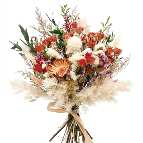 17" Dried Flower Bouquets, 100% Natural Dried Flowers with Dried Roses,Bunny Tails,Chrysanthemum Flowers Decor for Vase Rustic Boho Home Decor,Party Fall Decor for Wedding Gift - color: Red Rose